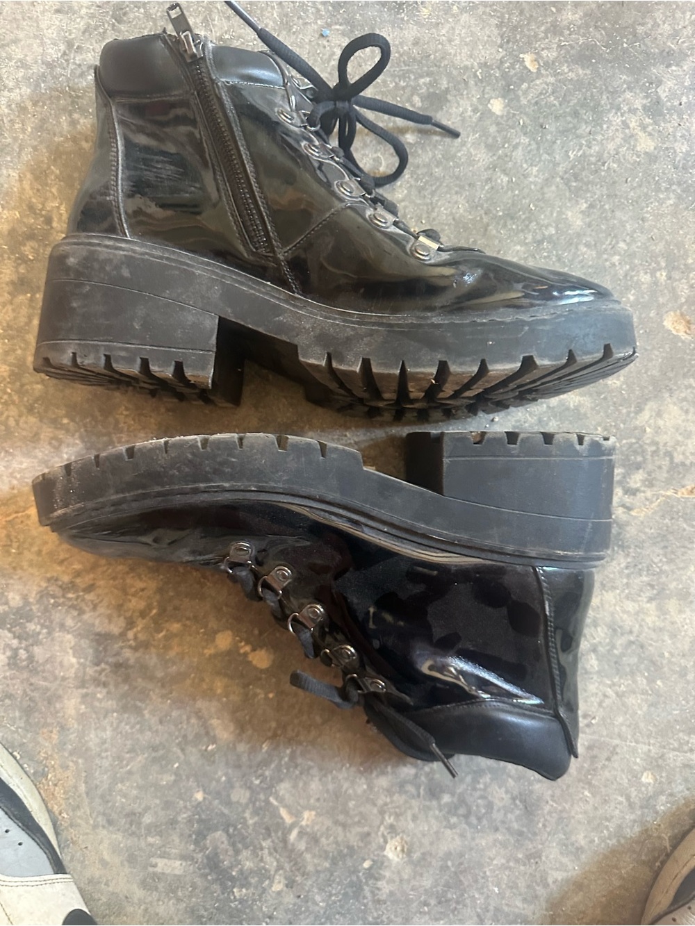 Skechers Black Patent Lace-Up Lug-Sole Ankle Boots